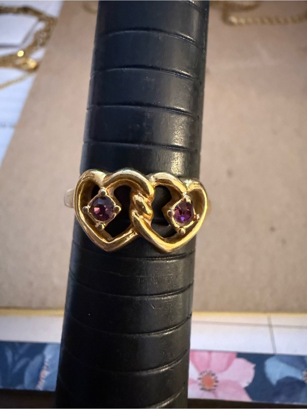 Gold tone Double Heart Ring with Purple Stones